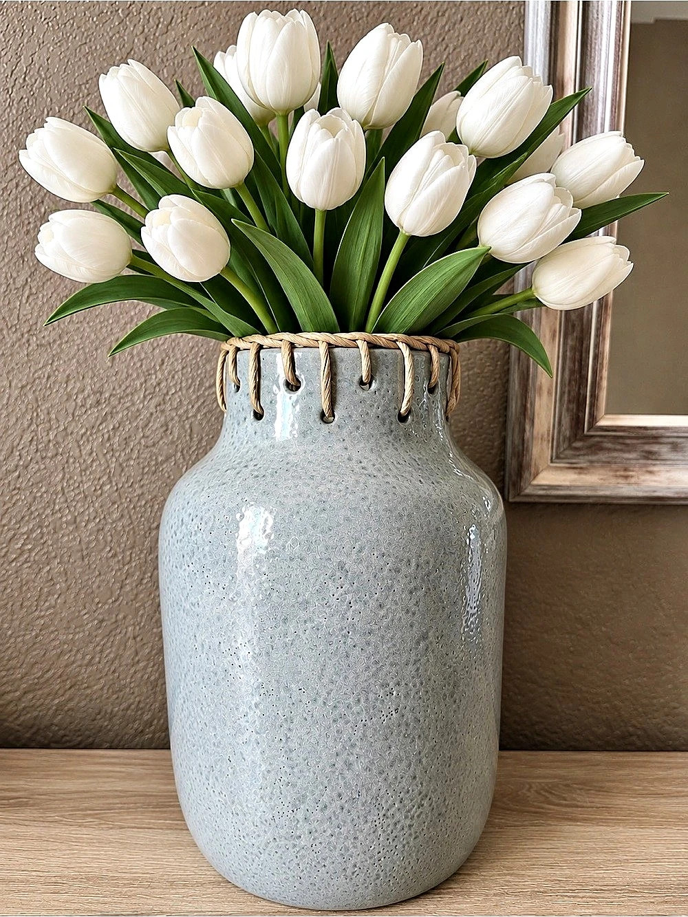 Gray Stoneware Vase with Braided Rim